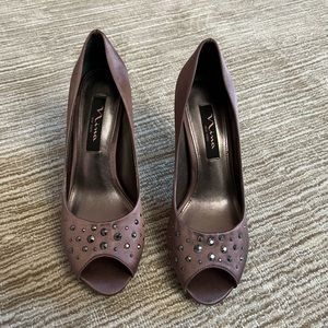 Nina Dusty Lavender Peep Toe Heels with Black Crystals